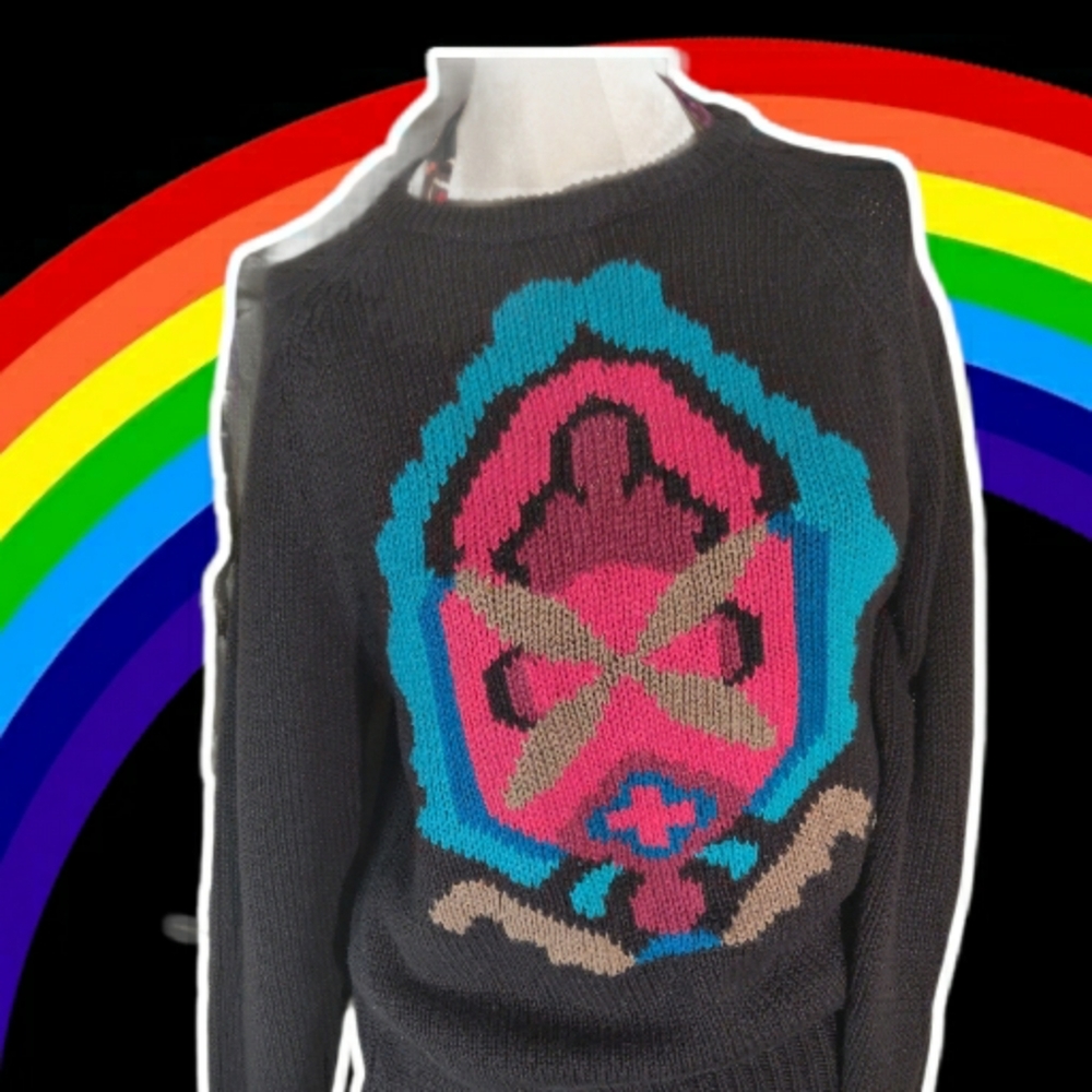 Vintage Graphic Knit Sweater - Black with Pink and Blue Accents